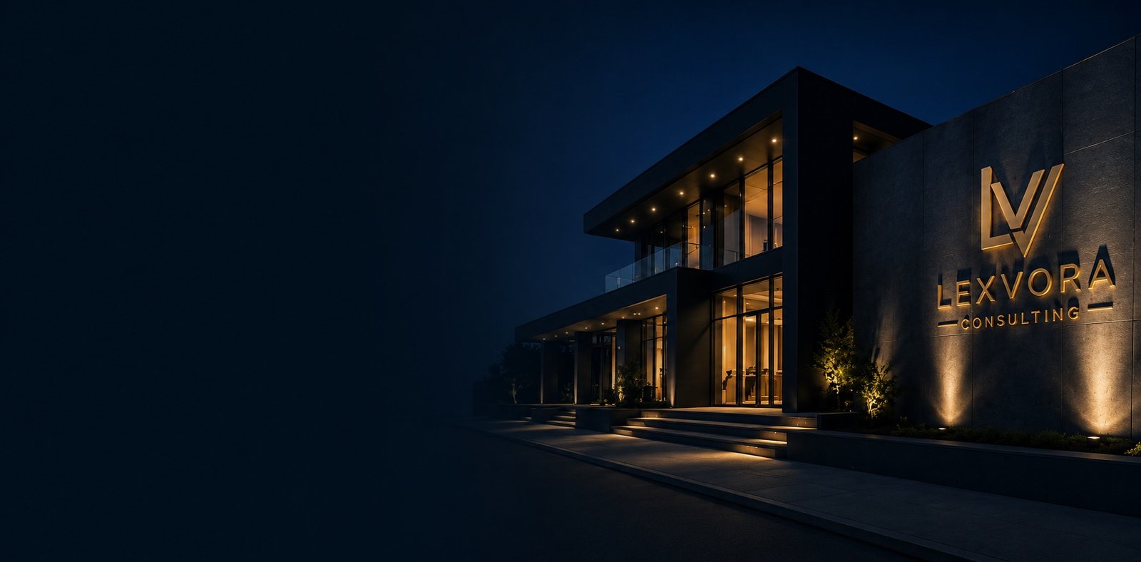 A completed Lexvora Consulting project lit at night