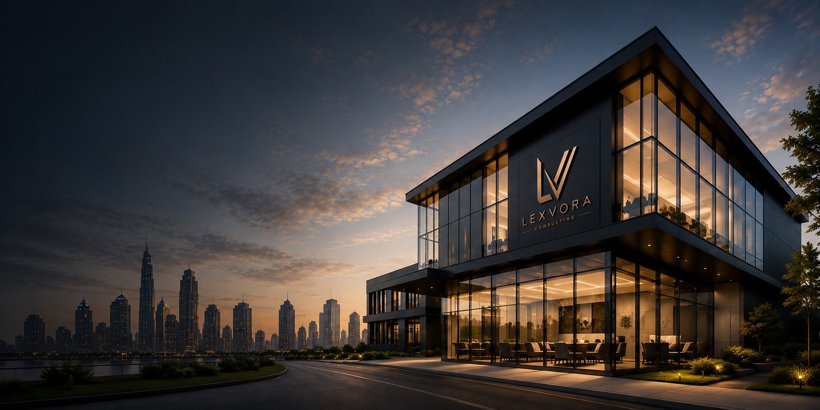 Lexvora Consulting building at dusk